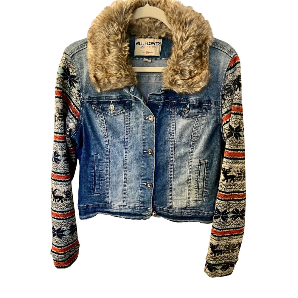 Wallflower Women's Denim Jacket Faux Fur Collar Winter Knit Sleeves Size L